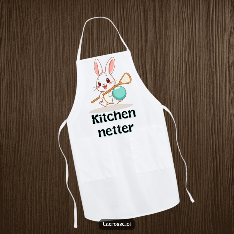 Funny apron showcasing a surprised rabbit attempting to scoop a lacrosse ball, ideal for kitchen protection and humor.