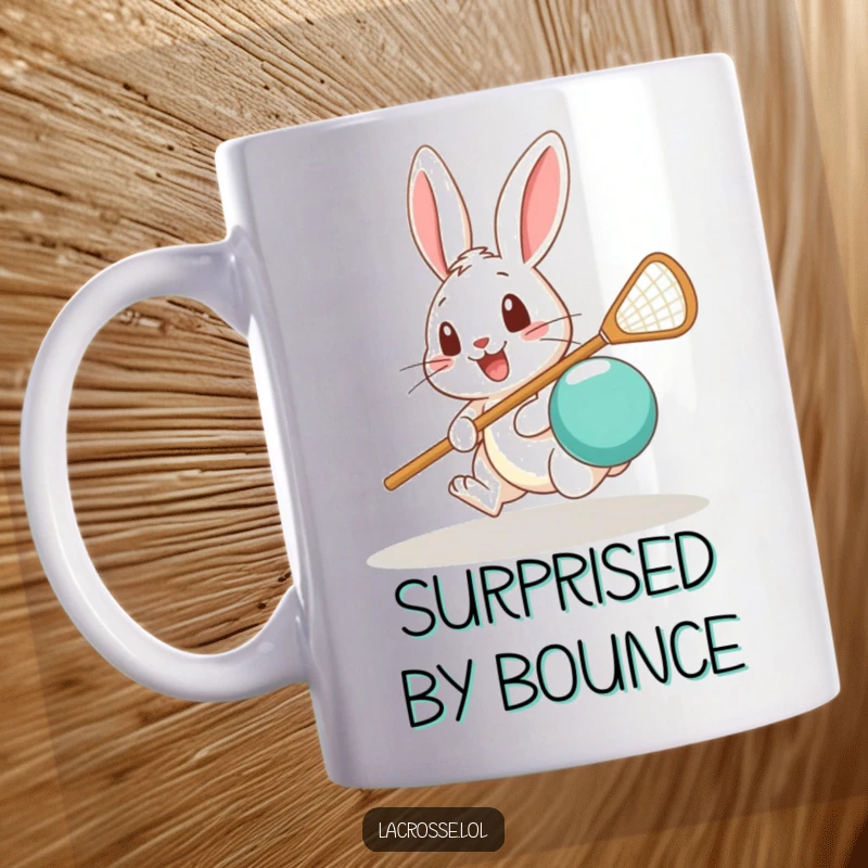 Funny mug featuring a cheerful rabbit attempting to scoop a lacrosse ball with its stick, looking comically surprised.