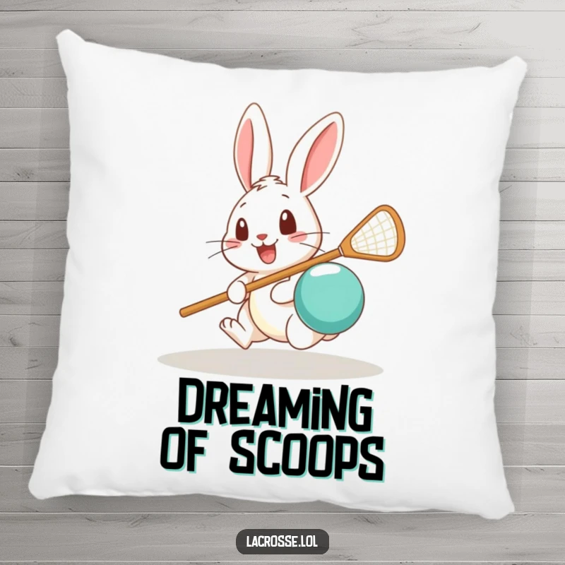 Funny pillow featuring a surprised rabbit mid-lacrosse move, offering cozy comfort and athletic humor.