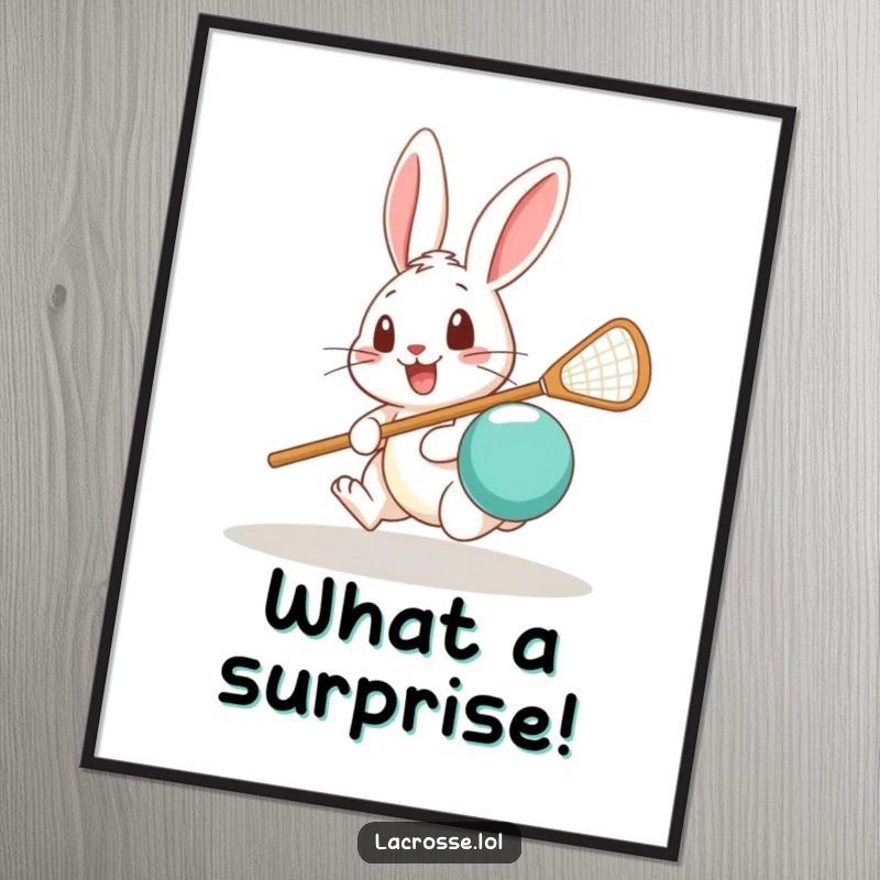 Funny digital art print of a surprised rabbit attempting to scoop a lacrosse ball with its stick, ready to add instant humor.