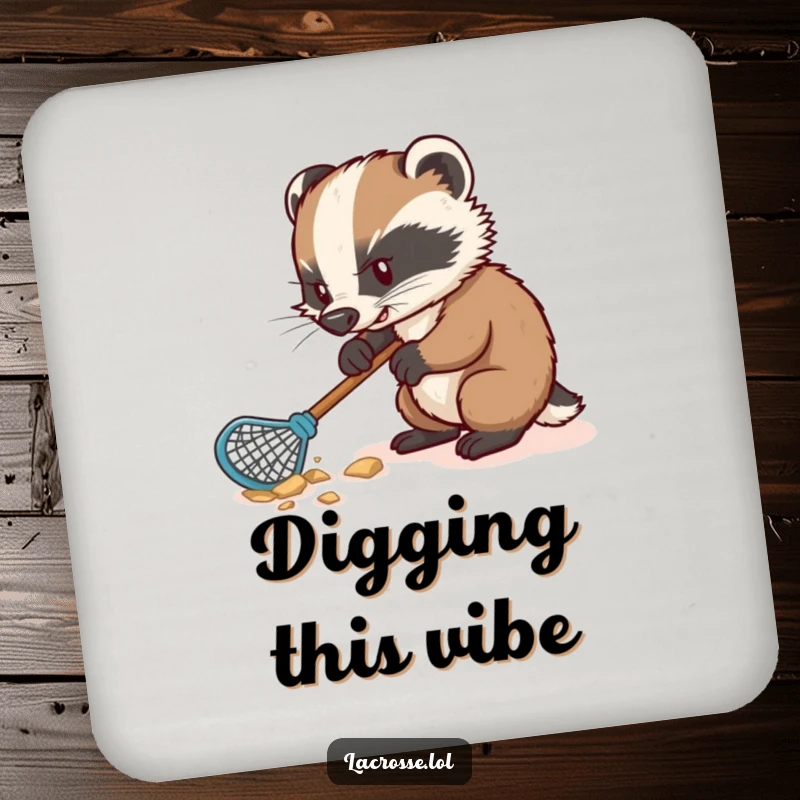 Funny coaster with a determined badger digging with a lacrosse stick, a humorous and practical accessory for drinks.