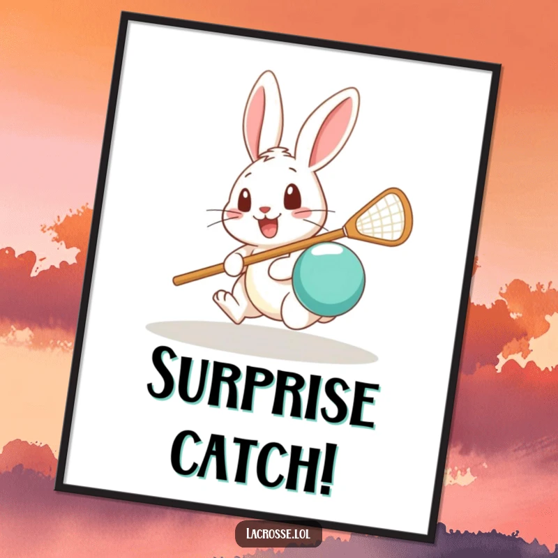 Funny poster of a cheerful rabbit looking surprised while trying to scoop a lacrosse ball with its stick.