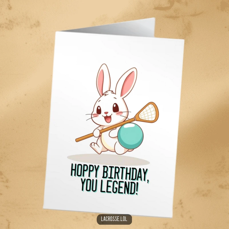 Funny Free Printable Birthday Card: Cheerful rabbit surprised while attempting to scoop a lacrosse ball with its stick.