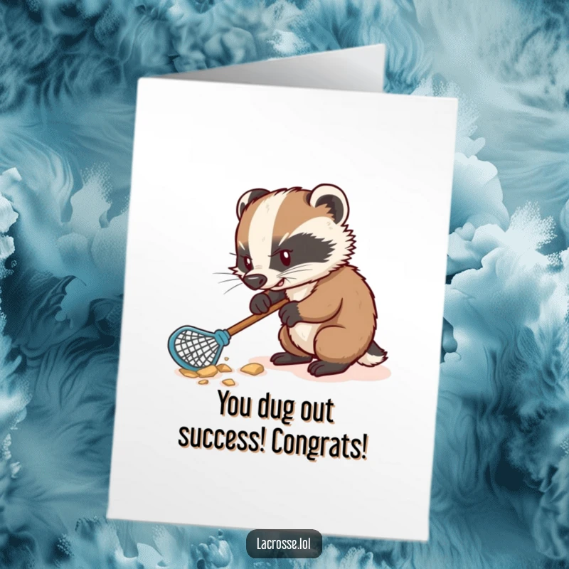 Funny Free Printable Congratulations Card: A determined badger uses a lacrosse stick to dig for success, celebrating your win.