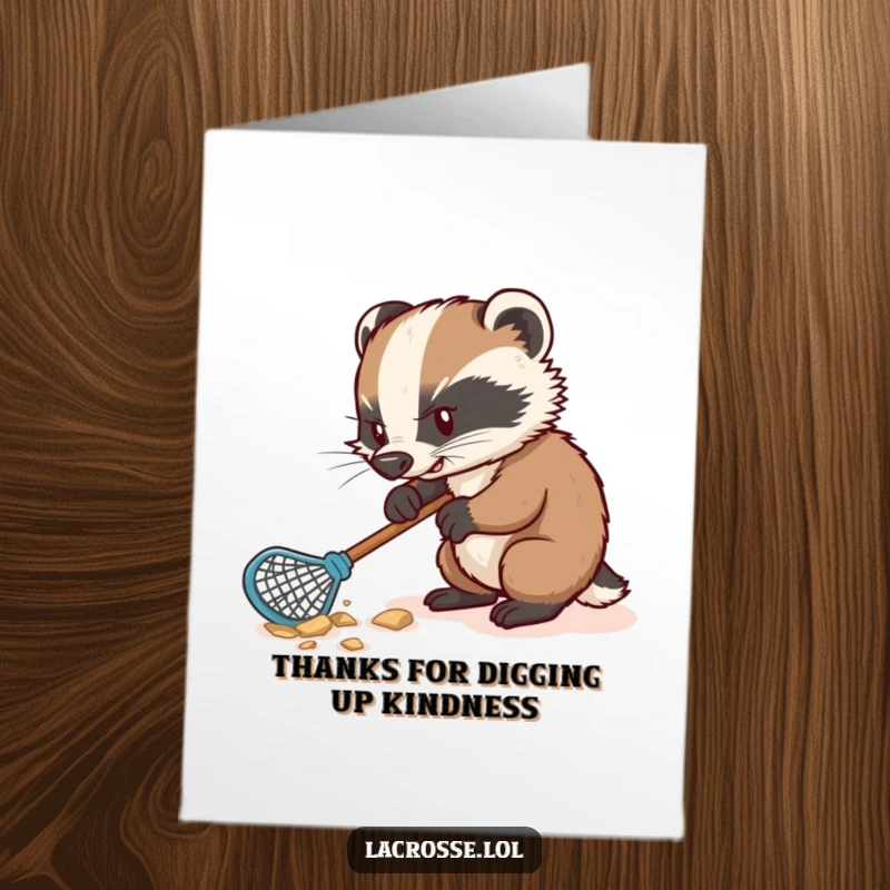 Funny Free Printable Thank You Card: A determined badger digs with a lacrosse stick, showing enthusiastic appreciation.