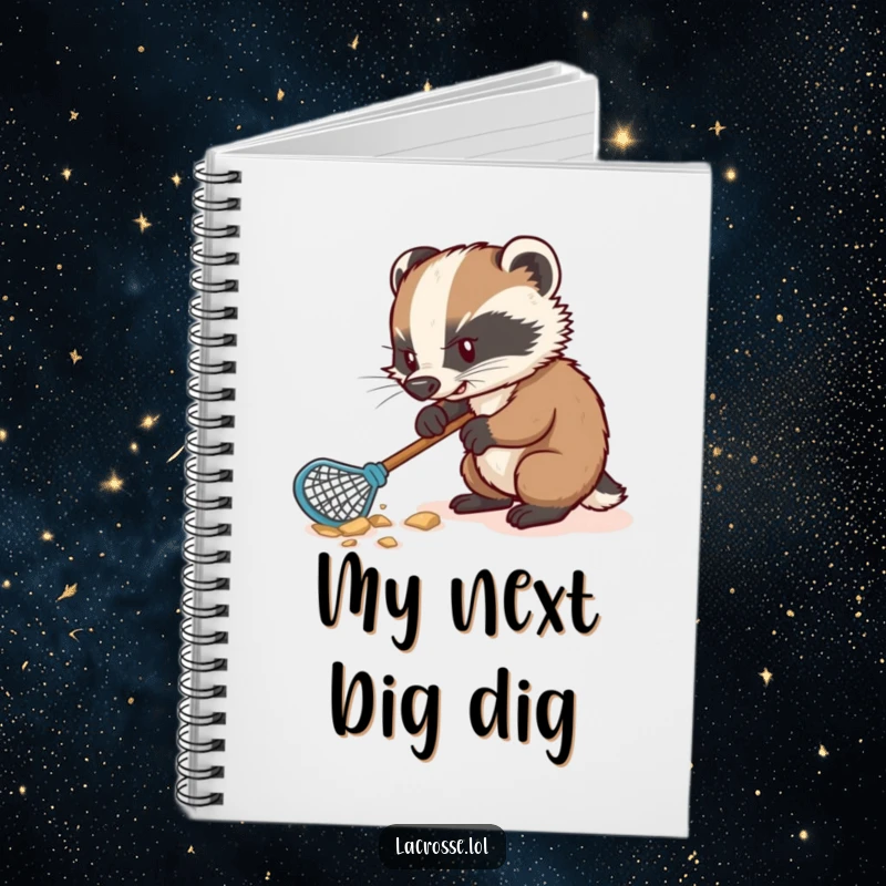 Funny notebook with a determined badger digging furiously with a lacrosse stick, inspiring humorous ideas and notes.