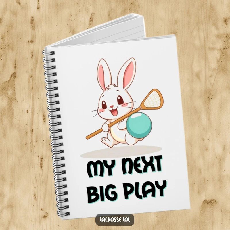 Funny notebook featuring a surprised rabbit attempting to scoop a lacrosse ball, designed for jotting down ideas with humor.